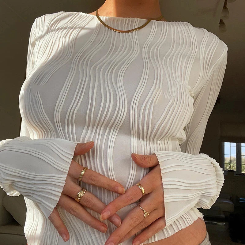 White Ruched Long Sleeve Top